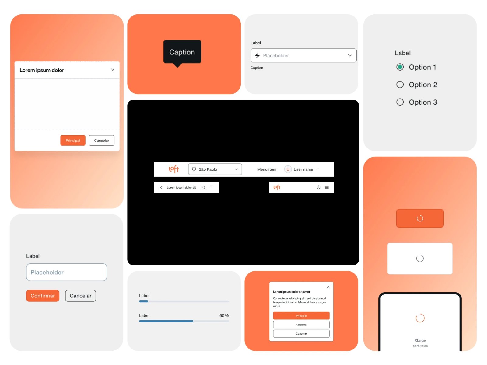 The Copan component library: buttons, modals, forms, selection controls, progress and loading states, each built on the shared token system.