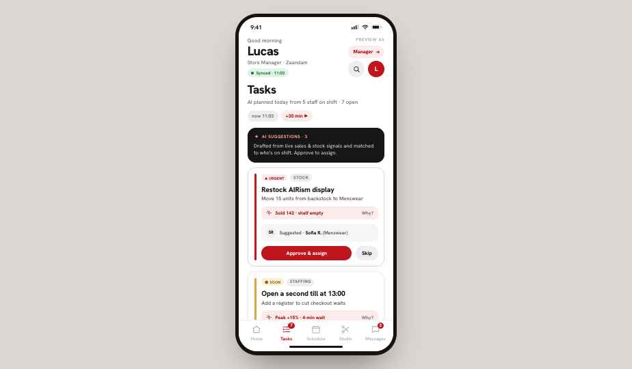 The Intelligent Replenishment System drafts both the task and the best assignee from live sales and stock signals, but nothing moves until a person approves it.