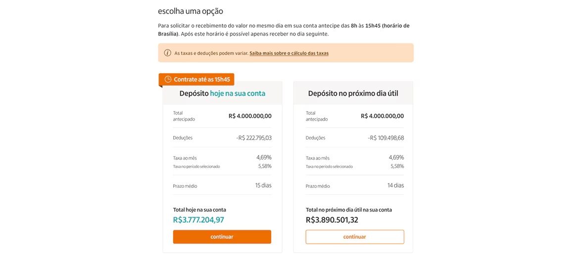 Step 2. Review conditions and rates: a clear comparison between same-day and next-business-day deposit, with cut-off times surfaced up front.